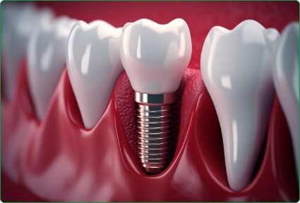 Illustrated dental crown on top of a dental implant