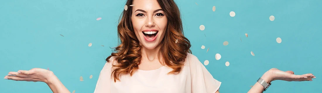 Dental Careers Woman With Hands Out and Confetti Smiling